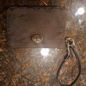 Coach Dark Brown Wristlet with Logo Emblem